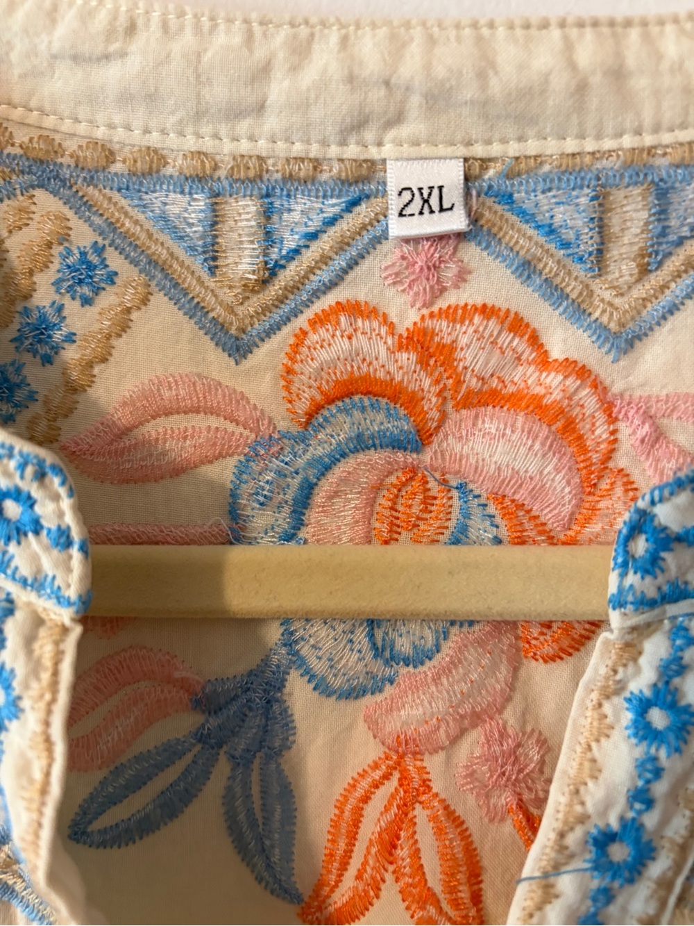 4/$25 Embroidered Boho Tunic Top - Cream with Blue & Coral Floral Details - Picture 4 of 10